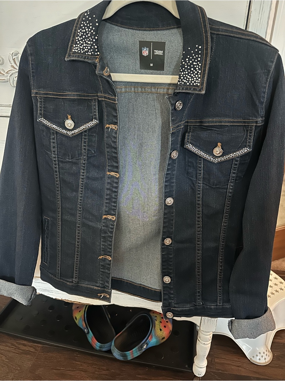 NFL Indianapolis Colts Rhinestone Denim Jacket Women’s Medium Blue Jean Jacket